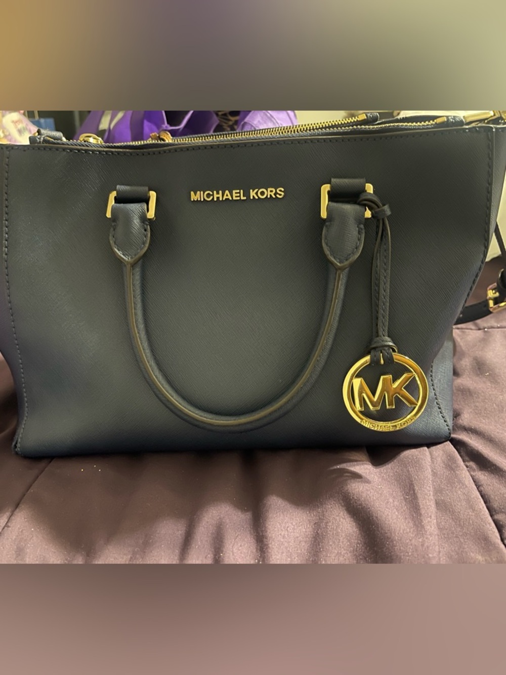 Michael Kors Blue Leather Satchel with Gold Hardware